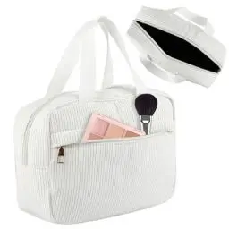 Produktbild: Kulturtasche Damen Groß, 25 × 17 cm Reise Kulturbeutel Damen, Mode Cordsamt Kosmetiktasche, Big Make Up Bag, Waschtasche mit Metall Reißverschluss, Cosmetic Bag für Mädchen Frauen Herren(Weiß)