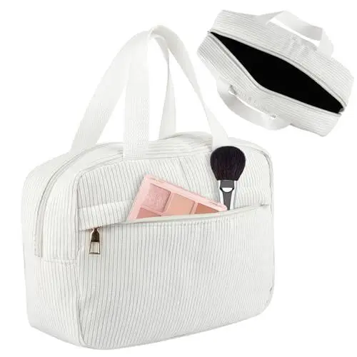 Produktbild: Kulturtasche Damen Groß, 25 × 17 cm Reise Kulturbeutel Damen, Mode Cordsamt Kosmetiktasche, Big Make Up Bag, Waschtasche mit Metall Reißverschluss, Cosmetic Bag für Mädchen Frauen Herren(Weiß)