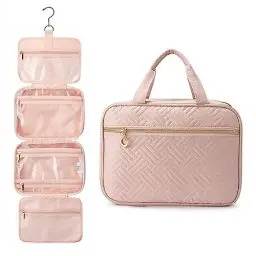 Produktbild: LOVEVOOK Kulturtasche Damen, wasserdichte Kulturbeutel zum Aufhängen Faltbare Waschtasche Kosmetiktasche Groß mit 360° Drehbare Haken Waschbeutel Beauty Case Make Up Cosmetic Bag Rosa