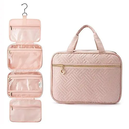 Produktbild: LOVEVOOK Kulturtasche Damen, wasserdichte Kulturbeutel zum Aufhängen Faltbare Waschtasche Kosmetiktasche Groß mit 360° Drehbare Haken Waschbeutel Beauty Case Make Up Cosmetic Bag Rosa