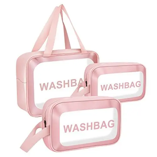 Produktbild: Kulturtasche Transparent, 3 Stücke Kosmetiktasche Durchsichtig, Kosmetiktasche Wasserdicht, Durchsichtige Kulturtasche, 3 Größen Geeignet für Reisen Aufbewahrung(Rosa)
