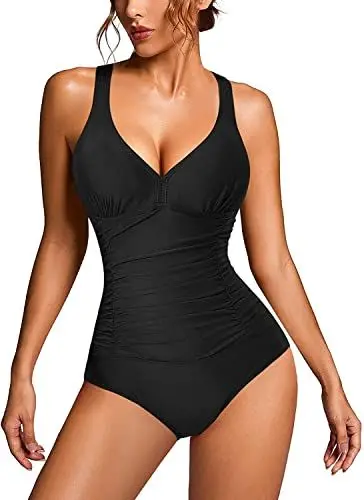 Produktbild: KUMAYES Damen Badeanzug Monokini Bauchweg Schlankheits Badeanzug V Ausschnitt Badebekleidung Bauchweg Bademode Swimsuit (L, Schwarz)