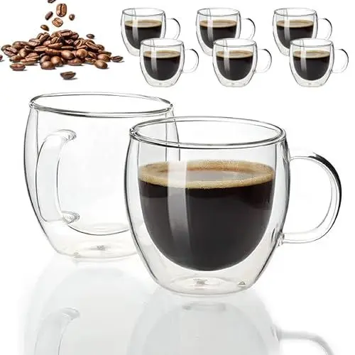 Produktbild: kumini 6er Set Espressoglas, Espressoset doppelwanding mit Griff 80ml, Espressotasse, transparent, Mockatassen, Espressogläser mit Henkel, Borosilikatglas