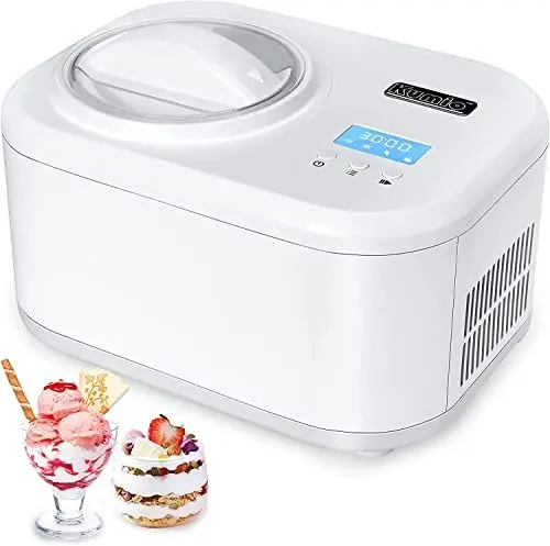 Produktbild: KUMIO Eismaschine mit Kompressor, Eismaschine Selbstkühlend, Frozen Joghurtmaschine mit LCD-Display & Zeitschaltuhr, Abnehmbarem Rührquirl & 1L Schüssel & Klarem Deckel, 100W Speiseeisbereiter, Weiß