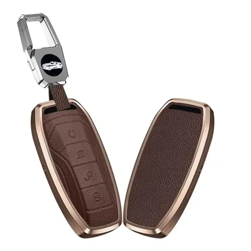 Produktbild: KUNIO Keyless Schlüsselhülle Passt für BYD Han Ev Tang Dm Qin PLUS Song Pro MAX Yuan Atto 3 Dolphin Schlüsseletui Aluminiumlegierung Leder Schlüsselanhänger Schlüsselcover 4 Tasten Braun