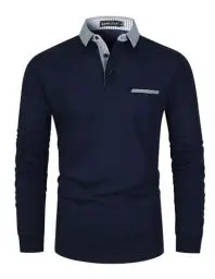 Produktbild: KUNJLELP Herren Poloshirt Basic Langarm aus Reiner Baumwolle Casual Polohemd Slim Fit Kontrastfarbe Golf T-Shirt,Blau 02,L