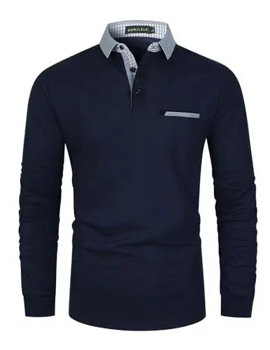 Produktbild: KUNJLELP Herren Poloshirt Basic Langarm aus Reiner Baumwolle Casual Polohemd Slim Fit Kontrastfarbe Golf T-Shirt,Blau 02,L
