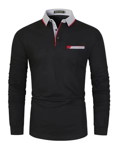 Produktbild: KUNJLELP Herren Poloshirt Basic Langarm aus Reiner Baumwolle Casual Polohemd Slim Fit Kontrastfarbe Golf T-Shirt,Schwarz 02,L