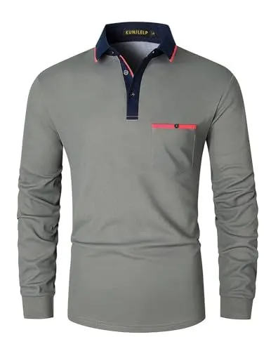 Produktbild: KUNJLELP Poloshirt Herren Langarm, T Shirts Männer, Hemd Herren Kontrastfarbiges Spleißen T-Shirt Golf Polo Shirt,Grau,M