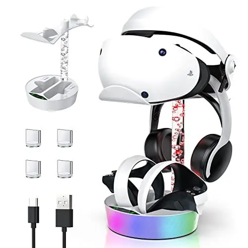 Produktbild: KUNSLUCK Ladestation für PSVR2 mit RGB-Licht, PSVR 2 Ladestation mit VR2 Headset-Halterung Display-Ständer, 4 magnetische Stecker & Typ-c-Kabel