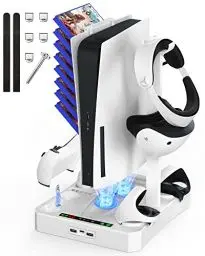 Produktbild: KUNSLUCK Ladestation für PS VR2 & PS5 mit 2 Kühlventilatoren, 3-in-1 PS5 Ständer für PS5 und PS VR2 Controller zum Aufladen, PS5 Konsolenkühlstation, Organisation PS5 Zubehör & PS VR2 Zubehör