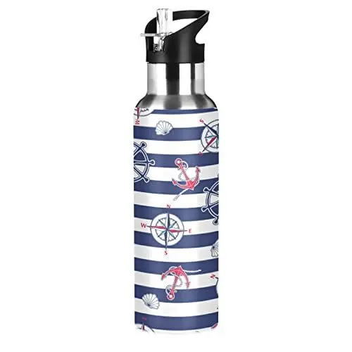 Produktbild: Kunst Muschel Anker Streifen Trinkflasche Wasserflasche mit Strohhalm für Sport, 600ML Thermosflasche BPA-frei Isolierflasche Edelstahl 18/8 für Kinder Wandern Schule