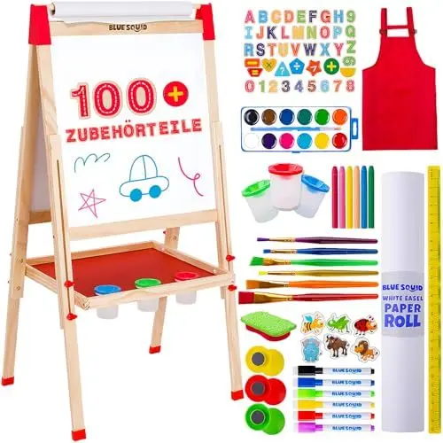 Produktbild: Kunst Staffelei für Kinder mit 100+ Zubehör- Doppelseitige hölzerne Tafel für Kinder mit magnetischer Kreidetafel, abwischbarem Whiteboard & Papierrolle, Kindertafel mit Kreide und Magnet 3-4 4-8 9-12
