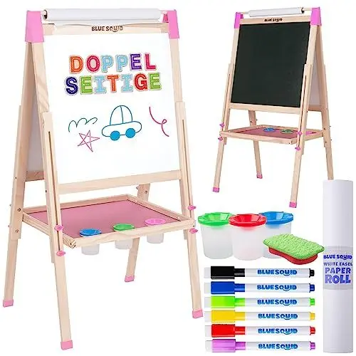 Produktbild: Kunst Staffelei für Kinder mit Zubehör- Doppelseitige hölzerne Tafel für Kinder mit magnetischer Kreidetafel, abwischbarem Whiteboard & Papierrolle, Kindertafel mit Kreide und Magnet 2-4 4-8 9-12