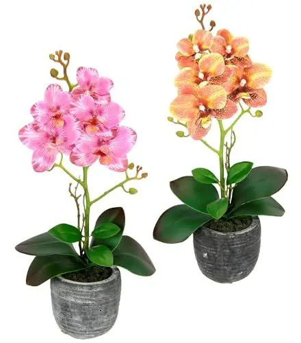 Produktbild: Kunstblume Schmetterling Orchidee 35cm mit Blätter im Topf Künstliche Blume Kunstorchidee Phalaenopsis Übertopf Kunstpflanze Hochzeit Deko Seidenblume Real Touch Blüte, 2er Set, orange/rosa