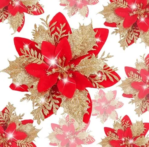 Produktbild: Kunstblumen Weihnachten, Weihnachtsblumen Deko, Glitzer Weihnachtsstern Künstlich Weihnachtsdeko Blumen, Künstliche Blumen für Christbaumschmuck, Hochzeitsdeko, Neujahr Ornamente.