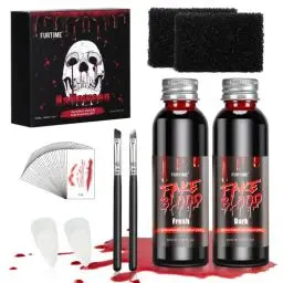 Produktbild: Kunstblut Halloween, FURTIME Halloween SFX Schminke Set - 60ml Künstliches Frisches Blut, 60ml Dunkelrotes TheaterBlut, Vampirzähne, Make-up-Pinsel und Schwämme, 30 Temporäre Narbentattoos
