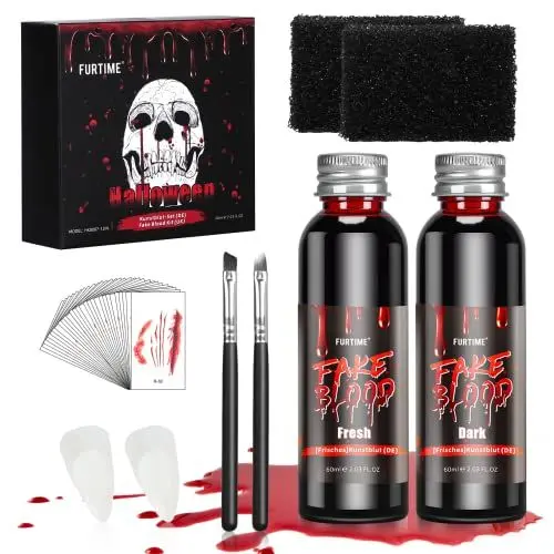 Produktbild: Kunstblut Halloween, FURTIME Halloween SFX Schminke Set - 60ml Künstliches Frisches Blut, 60ml Dunkelrotes TheaterBlut, Vampirzähne, Make-up-Pinsel und Schwämme, 30 Temporäre Narbentattoos