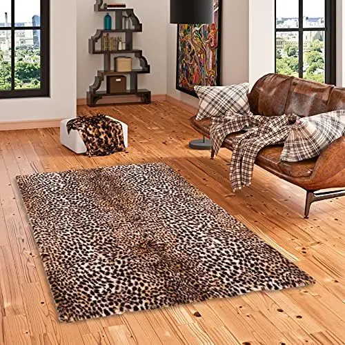Produktbild: Kunstfaser Teppich Wohnzimmer Luxus Super Soft Fellteppich Pearl Leopard Beige Braun in 5 Größen