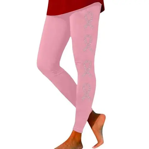 Produktbild: Kunstlederhose Damen Schwarz Leggings mit Brustkrebs-Bewusstseinsband für Damen Schlafanzüge Familie (Pink, XL)