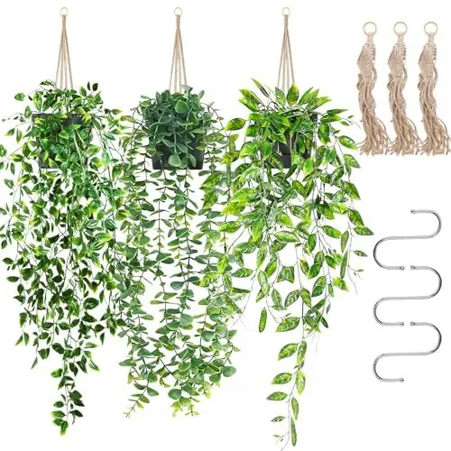 Produktbild: Kunstpflanze Hängepflanzen mit Töpfen, 3 Stück Künstliche Pflanzen Hängepflanze Künstlich, Wartungsfreie kunstpflanze Plastik Fake Pflanze Deko Modern Wohnzimmer Balkon Schlafzimmer Zimmer Tischdeko