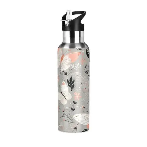 Produktbild: Kunststile Schmetterling Insekt Trinkflasche Wasserflasche mit Strohhalm, Thermosflasche Vakuumisolierte aus Edelstahl 18/8, BPA-frei für Kinder Sport Wandern Schule (600ml/1L)