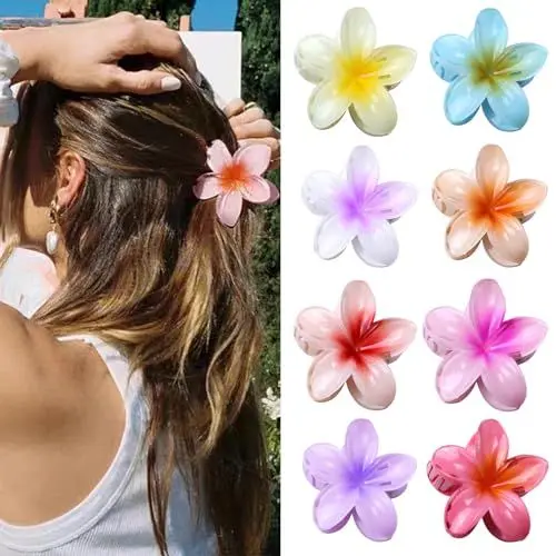 Produktbild: Kavya Kunststoff Blumen Haarklammer Groß 8 Stück, Blumen Spange Bunt Hawaii Blumenklammern - Schöne Karton Verpackt, Haarspange Damen & Mädchen Flower Hair Accessories