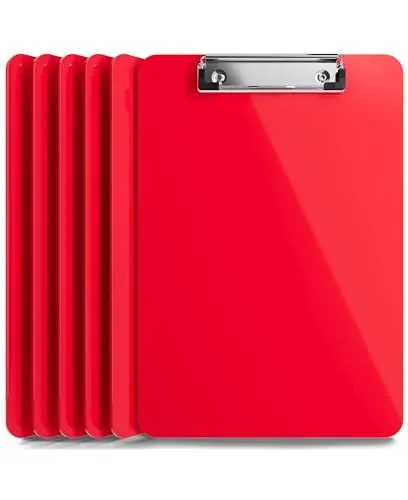 Produktbild: Kunststoff-Klemmbrett mit Metallclip | Plastik-Clipboard-Set nach Rot | Stabile Schreibunterlage mit Metallclip für 100 Blatt Papier | Transparente Acryl-Klemmbrettmappe | 6 Stück