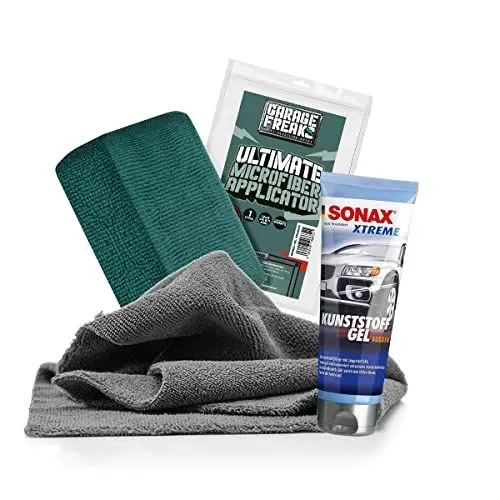 Produktbild: Kunststoffpflege Bundle - SONAX XTREME KunststoffGel Außen 0,25L + Garage Freaks Mikrofaser Applikator + detailmate Mikrofasertuch 380GSM - Zur Pflege von Kunststoffteilen im Außenbereich