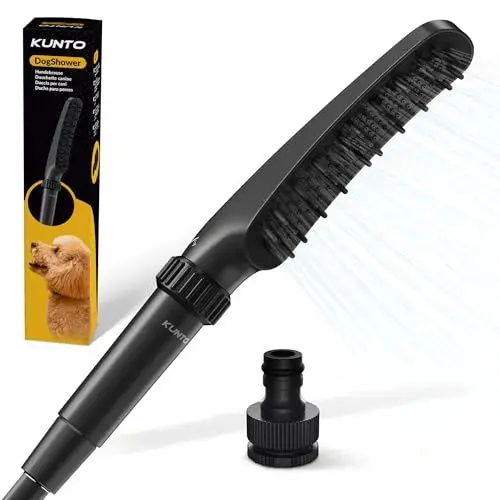 Produktbild: KUNTO® Hundebrausekopf - Hundedusche Duschkopf - Hundedusche mit vier Strahlarten - Hunde Duschkopf mit Silikonborsten für effektive Fellpflege - Mobile Hundedusche outdoor mit Gartenschlauchadapter