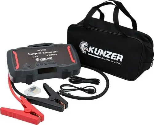 Produktbild: KUNZER MPB300 Startgerät Kompressor - LiPo 12 Volt 600 A - Auto oder Motorrad starten - Schwarz - mit LED und Powerbank