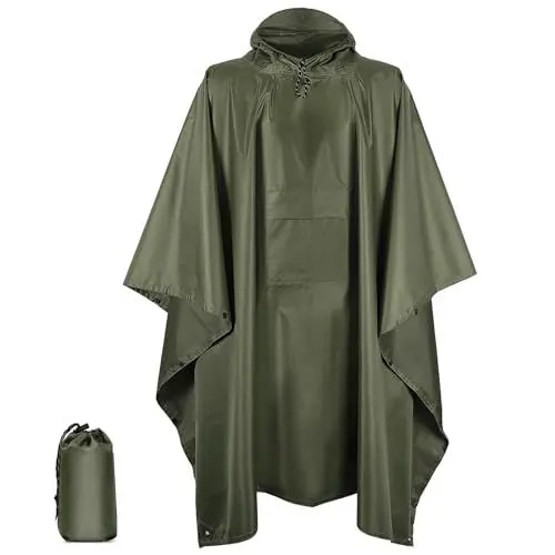 Produktbild: KUOGAS Regenponcho Herren & Damen, Wiederverwendbar 3-in-1 Wasserdichter Poncho Regenjacke Unisex, für Camping, Wandern (Universalgröße, Grün)