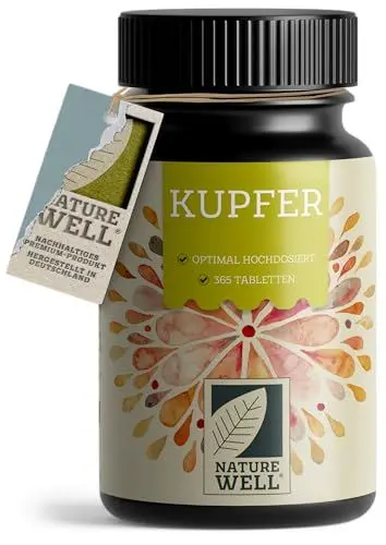 Produktbild: Kupfer Tabletten 365x mit 2 mg Kupfer aus hochwertigem Kupferbisglycinat - optimal hochdosiert - frei von unerwünschten Zusatzstoffen – laborgeprüft mit Zertifikat - Jahresvorrat - 100% vegan