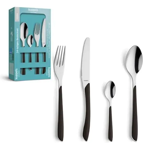 Produktbild: Kuppels PRISMA Besteck Set 6 Personen | Besteck 24 teilig | Camping Besteckset 6 Personen | Besteck mit Kunststoffgriffen in Schwarz | Essbesteck | Spülmaschinenfest