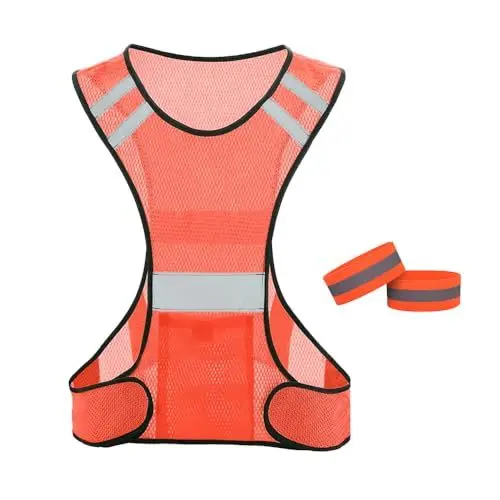Produktbild: KuqitsBai Reflektierende Sicherheitsweste Set, Reflektierende Warnweste Einstellbar mit 2 Reflektorbander für Radfahren Joggen (DE/NL/SE/PL, Alphanumerisch, M, L, Regular, Regular, Rot)