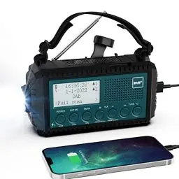 Produktbild: Kurbelradio DAB/DAB+/UKW, Baustellenradio Radio Batteriebetrieben, Tragbare Solar Notfallradio mit 5000mAh Wiederaufladbare Akku, LED Taschenlampe & Leselicht, IPX4, SOS-Alarm für Outdoor, Camping