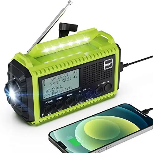 Produktbild: Kurbelradio DAB/UKW mit Akku 5000mAh, Tragbare Solar Radio mit LED Taschenlampe & Leselicht, DAB+ Baustellenradio RDS Funktion, Notfall Digital Radio SOS-Alarm für Wandern, Camping, Outdoor (Grün)