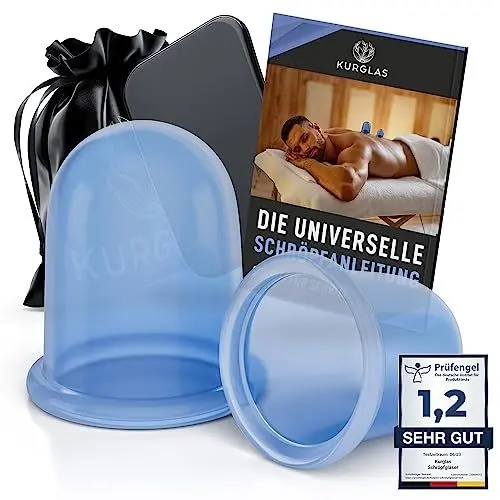Produktbild: KURGLAS Schröpfgläser Silikon (2 Stück) - Effektive Schröpfen Silikon mit Faszienschaber - Dermatest: Sehr Gut - BPA freies Schröpfglas - Schröpfset mit e-Book - Gegen Verspannungen & Cellulite