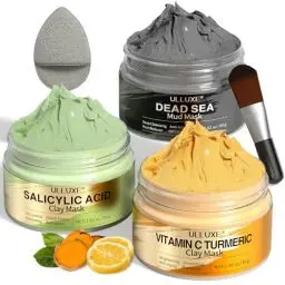 Produktbild: Kurkuma Vitamin C Tonmaske, Gesichtsmaske mit Salicylsäure, Schlamm aus dem Toten Meer, Gesichtstonmaske zur Porenreinigung, gegen Mitesser, dunkle Flecken, aufhellendes Hautpflege-Geschenkset 3x80g