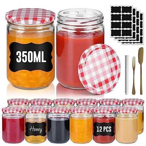 Produktbild: Kuro-sagol Marmeladengläser 350ml Einmachgläser mit Schraubdeckel 12er Set Einweckgläser Mit Etiketten & Stift Einmachglas für Hausgemachte Marmelade Gelee, TO Ø 73 mm Rot-Kariert Deckel