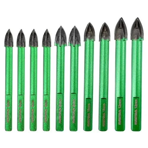 Produktbild: KURSTOL Fliesenbohrer Set - 10 Stück Glasbohrer Hartmetall-bohrer für Keramik Fliesen Mauerwerk Holz Kunststoff Ziegel Beton mit Dreieckschaft (6mm*4+8mm*2+10mm*2+12mm*2)