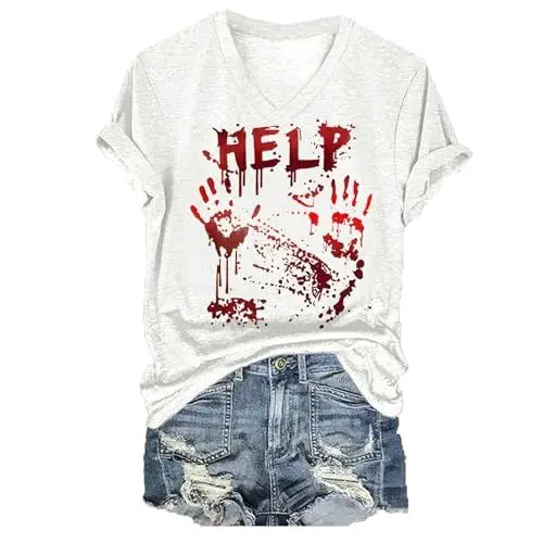 Produktbild: Oberteil Damen,Halloween Kostüm Damen,Problem Gelöst Halloween T-Shirt Damen V-Ausschnitt Kurzarm Blutiges Shirt Halloween Buchstaben Drucke Horror T Shirts,Safran,XXL