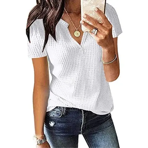 Produktbild: Kurzarm Bluse Damen Elegant V-Ausschnitte Oberteile Leichtes Lose Sommershirts Einfarbig Damenblusen Waffel Strick Hemdbluse Top T-Shirt Tunika