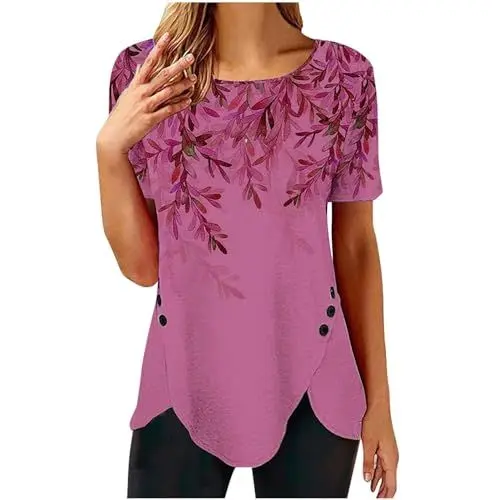 Produktbild: Kurzarm-Freizeit-T-Shirt 2024 Für Damen Sommer Rundhalsausschnitt Retro-Blumendruck Unregelmäßiger Saum Lockeres Freizeitoberteil Herbstmode (Rosa M)