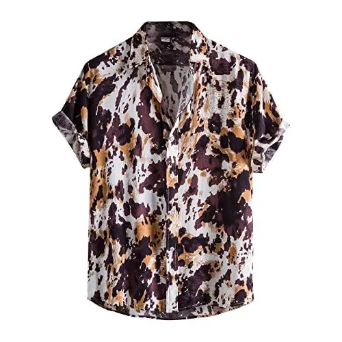 Produktbild: Kurzarmhemd Herren, Hawaii Hemd Herren Funktionsshirt Shirts Herren Sommer Print Arbeits V Ausschnitt Tops Kurze Polyester Legere Knopfleist Shirts Herren Lose Luftige Kurzärmliges Braun XXL