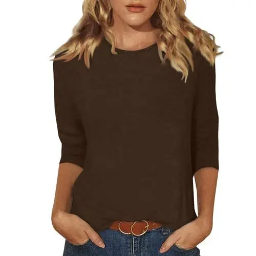 Produktbild: Kurze Ärmel für Damen Damenbluse Longshirt Damen Schwarz 3/4 Damen Bluse Leinen Fashion Damen Damen T Shirt 3/4 Arm Damen T-Shirt 3/4 Arm Oberteile Damenblusen 3/4 Arm Dreiviertel Braun S