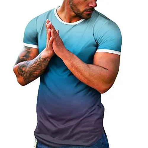 Produktbild: Kurze Ärmel im Patchwork-Stil mit Farbverlauf Slim-Fit Fitness Tshirt für Herren Langes schnelltrocknendes Gym T-Shirt Sport (Dark Blue, L)