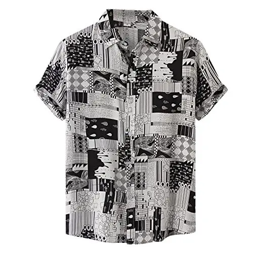 Produktbild: Kurzes Sommerhemd Drucken Casual Solid Umlegekragen Ärmelhemd Männliche Geometrie Punkt Männerhemden Herren Hemd Umschlagmanschette (L,Schwarz)