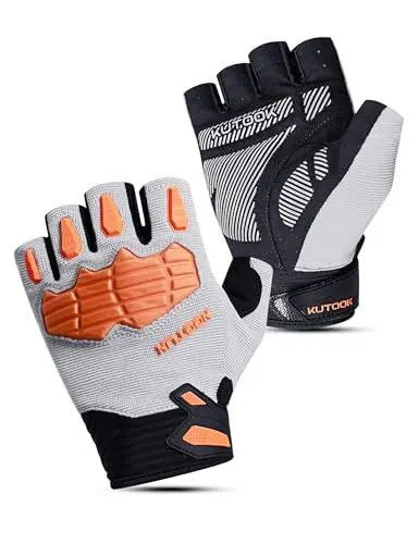 Produktbild: KUTOOK Fahrradhandschuhe MTB Mountainbike Handschuhe Herren Damen Sommer Halbfinger Fingerlos mit 5mm Palm Pad TPR SCR Protect Touch-Screen Atmungsaktiv rutschfest Stoßdämpfend Silbergrau&Orange L
