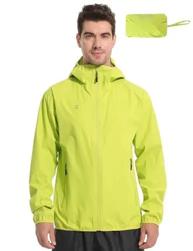 Produktbild: KUTOOK Fahrradjacke Regenjacke Laufjacke Herren Sport Outdoor Jacke Wasserdicht Atmungsaktiv Faltbar mit Kapuze 2 Taschen Dünn Wanderjacke Windbreaker Laufen Trekking Radsport Grün L